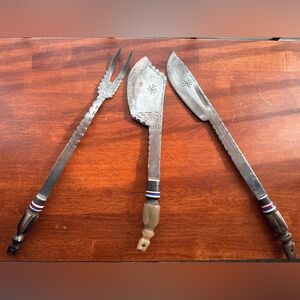 Vintage Hand-Forged Artisan Rustic 3 Piece Serving Set - Knife, Cleaver, & Fork